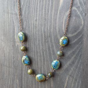 Turquoise, Olive Green & Brown Glazed Ceramic Bead Necklace, Copper-Plat…